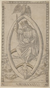 Iupiter (Jupiter) by Master of the E-Series Tarocchi, created c. 1465, in engraving with gilding. Download this artwork as a high-resolution wallpaper for deskt