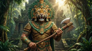 Un guerriero azteco in un tempio nella giungla con motivi di giaguaro.
