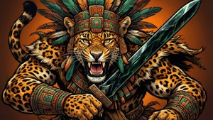 Dynamischer Vektor eines aztekischen Jaguarkriegers in Orange und Grün.
