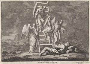 Jakobsladder by Jan Luyken, created 1703 - 1762, in paper; letterpress printing; etching. Download this artwork as a high-resolution wallpaper for desktop, tabl — Art Wallpaper