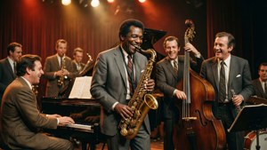 Gruppen-Jam-Session-Tapete mit Sonny Rollins und anderen Musikern, warme Beleuchtung, 1960er-Stil.