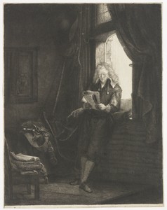 Jan Six by Rembrandt van Rijn, created 1647, in Japanese paper (handmade paper); etching; burijn; drypoint. Download this artwork as a high-resolution wallpaper
