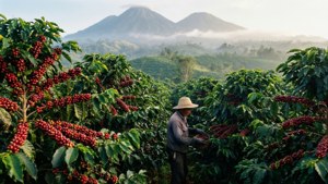 Perkebunan kopi yang subur di dataran tinggi Jawa, Indonesia, dengan petani memanen.