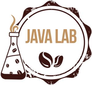 The Java Lab Grind & Dine Cafe logo with coffee beans and steaming beaker.