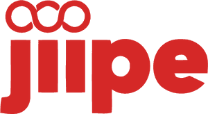 Red stylized logo with circular elements on black background.
