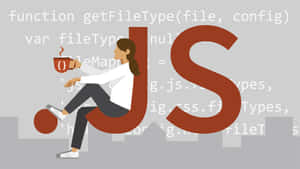 Donna seduta sul logo JavaScript che tiene una tazza di caffè con parentesi di codice.