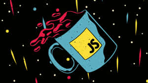 Blaue Tasse mit JS-Logo verschüttet rote Flüssigkeit im Weltraum mit bunten Streifen. — Javascript Wallpaper