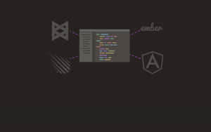 Un editor di codice collegato ai loghi Ember e Angular in un'illustrazione tecnologica minimalista.