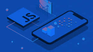 Smartphone collegato a blocco JavaScript con visualizzazioni di dati fluttuanti.