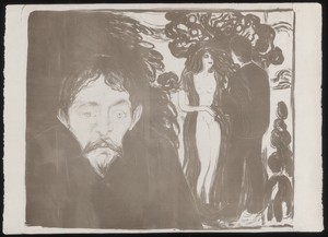Jealousy by Edvard Munch, created 1896, in Lithograph in grayish-brown ink on ivory China paper. Download this artwork as a high-resolution wallpaper for deskto — Illustration Background