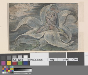Jerusalem, Plate 28 Proof Impression by William Blake, in Relief etching printed in blue ink, with watercolor and pen and black ink; proof on medium, smooth wov — William Blake Wallpaper
