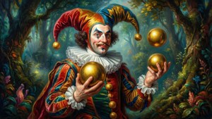 Joseph Lemercier als hofnar in een surrealistisch bostafereel met gouden jongleerballen