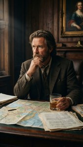 Een man met een baard in een bruin pak zit aan een houten bureau met een whiskyglas en kijkt naar een kaart.