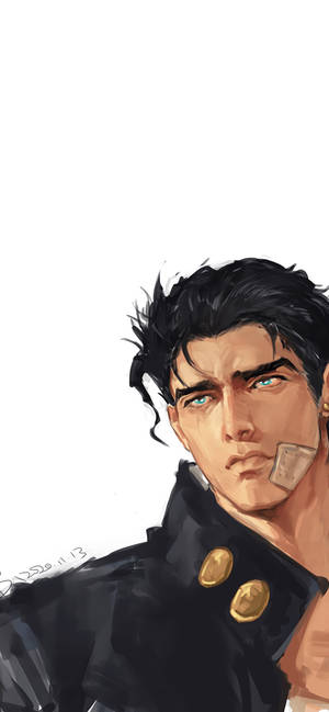 Anime character with blue eyes and bandaged cheek wearing a black jacket with gold buttons. — Jojo Phone Picture