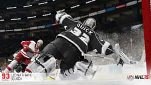 Hockey goalie Jonathan Quick makes a dramatic save during an NHL game.