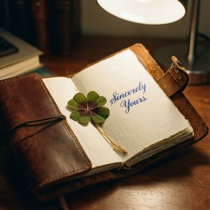 En personlig journal tapet med 'Sincerely Yours' og et presset kløver