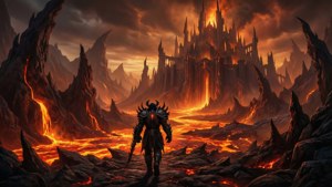 Wide landscape of Hell with Doom Slayer approaching a citadel