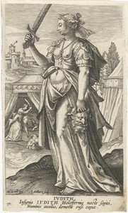 Judit by Jan Collaert (II), created 1588 - 1597, in paper; engraving. Download this artwork as a high-resolution wallpaper for desktop, tablet, or mobile. — Jan Collaert (II) Wallpaper