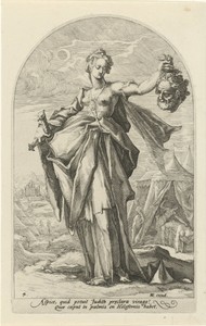 Judit by Jacob Matham, created 1585 - 1589, in paper; engraving. Download this artwork as a high-resolution wallpaper for desktop, tablet, or mobile. — Jacob Matham Wallpaper