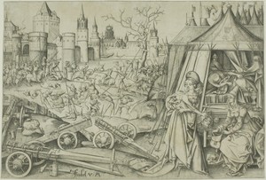 Judith by the younger Israhel van Meckenem, created c. 1495, in Engraving on ivory laid paper. Download this artwork as a high-resolution wallpaper for desktop, — The younger Israhel van Meckenem Wallpaper