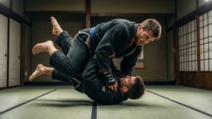 MMA-vechter voert een judo-worp uit met tegenstander in de lucht in de dojo