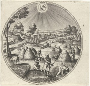Juli by Adriaen Collaert, created 1578 - 1582, in paper; engraving. Download this artwork as a high-resolution wallpaper for desktop, tablet, or mobile. — Adriaen Collaert Wallpaper