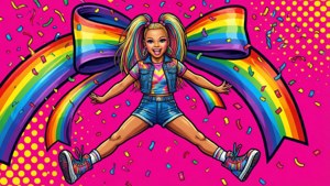 Jojo Siwa hopper med regnbuesløyfe og konfetti på rosa prikker