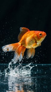 Un pesce rosso che salta fuori dall'acqua con schizzi drammatici su uno sfondo scuro.