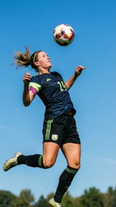 Lindsey Horan springt hoch, um den Ball gegen einen strahlend blauen Himmel zu köpfen.