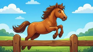Helder cartoonpaard dat over een hek springt