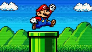 Retro Mario hyppää klassisen vihreän warp-putken yli aurinkoisessa pikselimaisemassa.