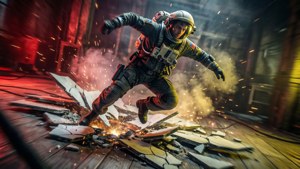 Soldier in futuristic armor leaps through shattered floor amid sparks and smoke. — Crewmate Wallpaper