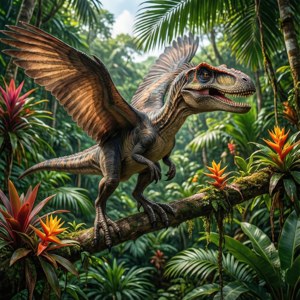En flyvende dinosaur sidder på en gren i en levende tropisk jungle med skarpt dagslys og eksotisk løv.