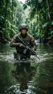 Commando wading through a jungle river with rifle held high