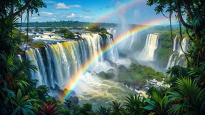 Une peinture numérique vibrante d'un arc-en-ciel au-dessus d'une cascade brumeuse dans un cadre de jungle luxuriante.