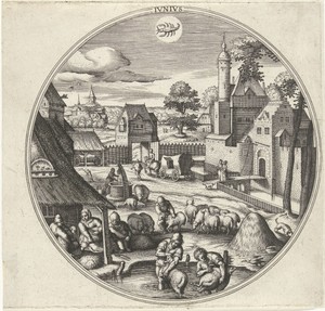 Juni by Adriaen Collaert, created 1578 - 1582, in paper; engraving. Download this artwork as a high-resolution wallpaper for desktop, tablet, or mobile. — Adriaen Collaert Wallpaper