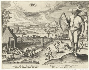 Juni by Jan Collaert (II), created 1586 - 1618, in paper; engraving. Download this artwork as a high-resolution wallpaper for desktop, tablet, or mobile. — Jan Collaert (II) Wallpaper