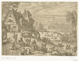 Juni by Pieter van der Borcht (I), created 1545 - 1608, in paper; etching. Download this artwork as a high-resolution wallpaper for desktop, tablet, or mobile. — Pieter van der Borcht (I) Wallpaper