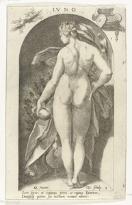 Juno by Cornelis Jacobsz. Drebbel, created 1598, in paper; engraving. Download this artwork as a high-resolution wallpaper for desktop, tablet, or mobile. — Cornelis Jacobsz. Drebbel Wallpaper