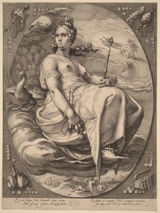 Juno by Hendrick Goltzius, created 1596, in engraving on laid paper. Download this artwork as a high-resolution wallpaper for desktop, tablet, or mobile. — Hendrick Goltzius Wallpaper