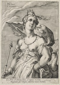 Juno by Jan Saenredam, created c. 1595, in engraving. Download this artwork as a high-resolution wallpaper for desktop, tablet, or mobile. — Hendrick Goltzius Wallpaper