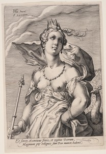Juno, from Three Goddesses by Jan Saenredam, created c. 1595, in Engraving on laid paper. Download this artwork as a high-resolution wallpaper for desktop, tabl — Illustration Background