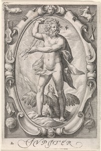 Jupiter by Jacob Matham, created 1597, in paper; engraving. Download this artwork as a high-resolution wallpaper for desktop, tablet, or mobile. — Jacob Matham Wallpaper
