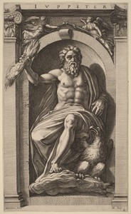 Jupiter by Hendrick Goltzius, created probably 1592, in engraving. Download this artwork as a high-resolution wallpaper for desktop, tablet, or mobile. — Hendrick Goltzius Wallpaper