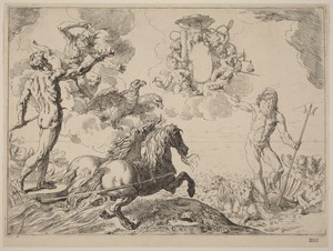 Jupiter, Neptune and Pluto by Simone Cantarini, in etching. Download this artwork as a high-resolution wallpaper for desktop, tablet, or mobile. — Simone Cantarini Wallpaper