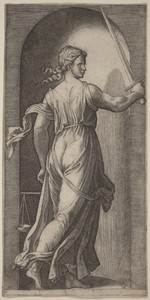 Justice by Marcantonio Raimondi, created c. 1515-1525, in engraving. Download this artwork as a high-resolution wallpaper for desktop, tablet, or mobile. — Art Picture