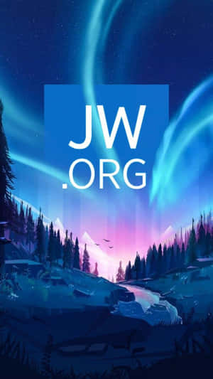 Aurora boreal sobre montanhas nevadas com floresta e logotipo da JW.ORG à noite. — Rosa e azul Foto Papéis de Parede
