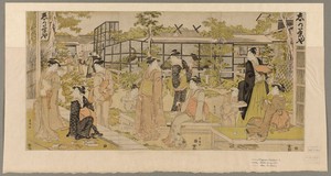 Kacho chaya by Utagawa Toyokuni I, created c. 1792/93, in Color woodblock print; oban triptych. Download this artwork as a high-resolution wallpaper for desktop — Utagawa Toyokuni I Wallpaper