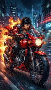 Akira's Shotaro Kaneda med en Nitro-flamme, perfekt for retro sci-fi-elskere.