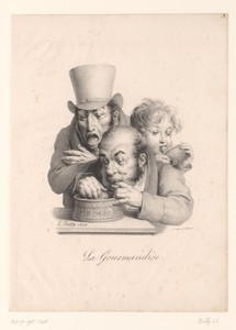 Karikatuur van drie gulzigaards by Louis-Léopold Boilly, created 1824, in paper; lithography. Download this artwork as a high-resolution wallpaper for desktop, — Louis-Léopold Boilly Wallpaper